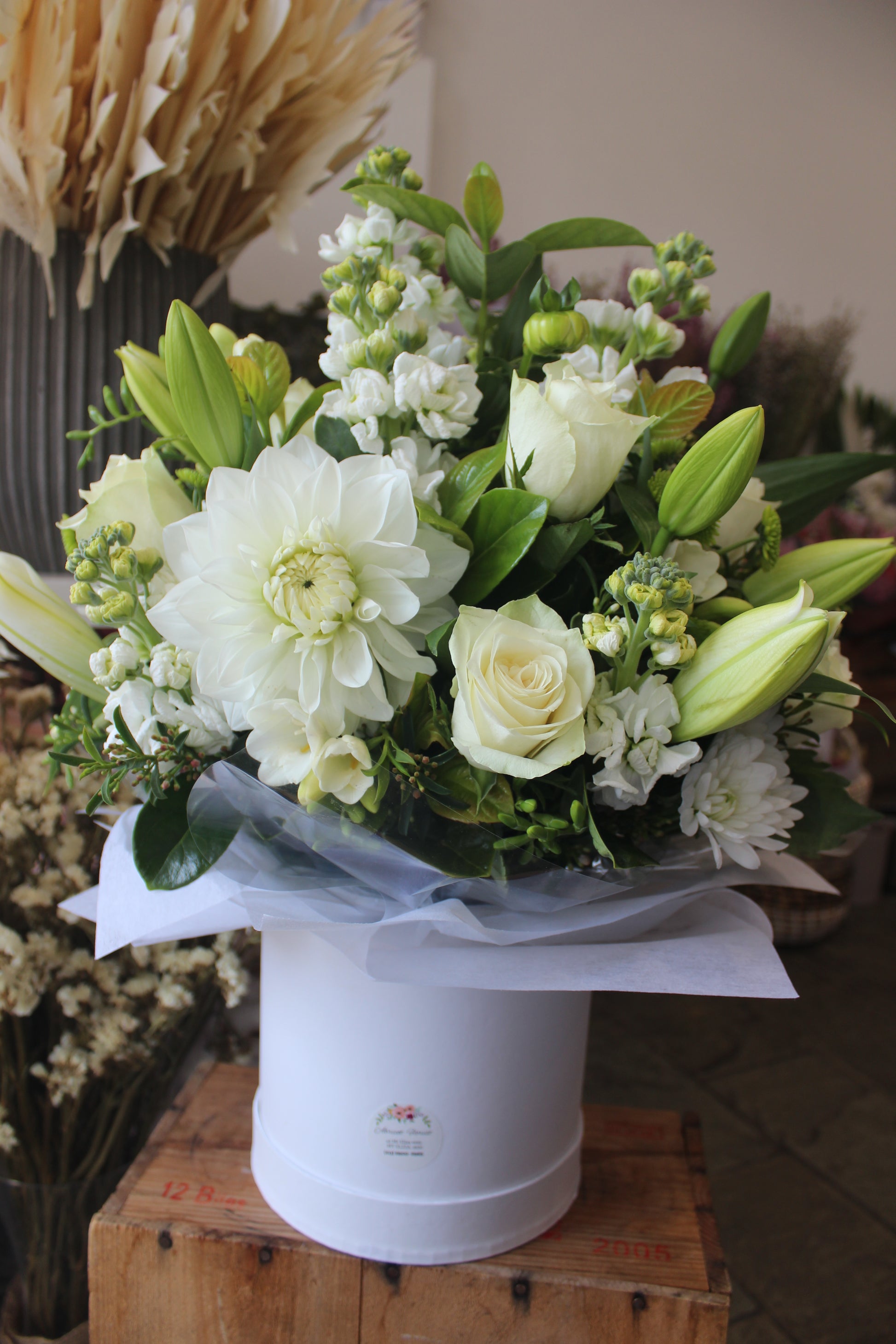 Glen Hat box arrangement Created by Abricot Florist, Delivery within the Mornington Peninsula 