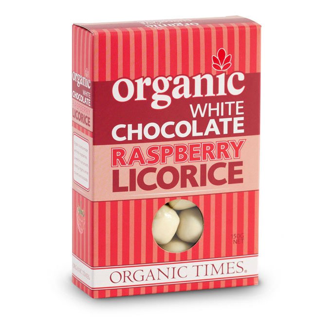 Organic white chocolate raspberry licorice